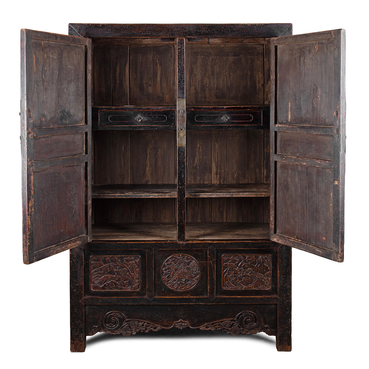 Interior View Of Antique Carved Chinese Black Lacquer Cabinet | Indigo Antiques