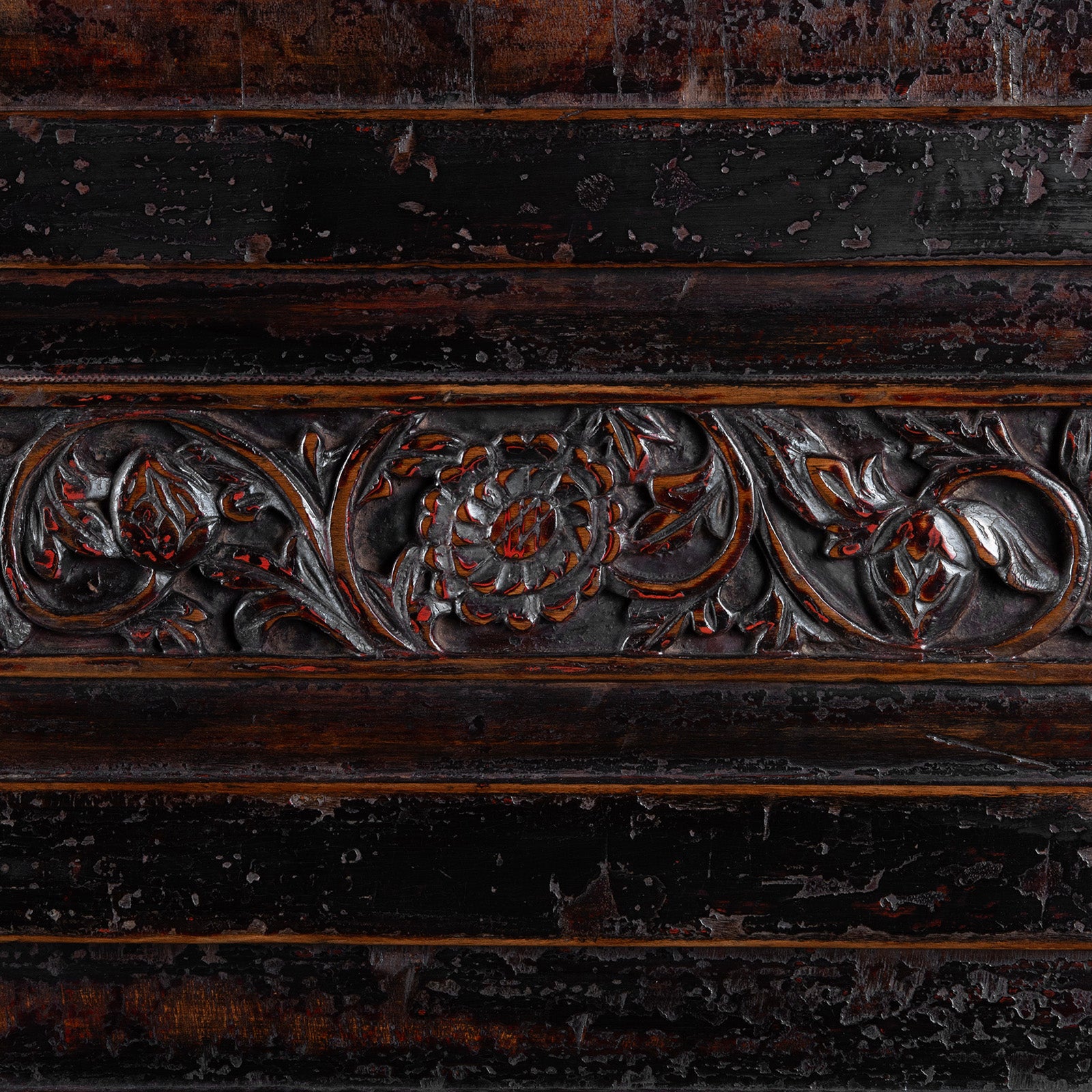 Carving Detail From Antique Carved Chinese Black Lacquer Cabinet | Indigo Antiques