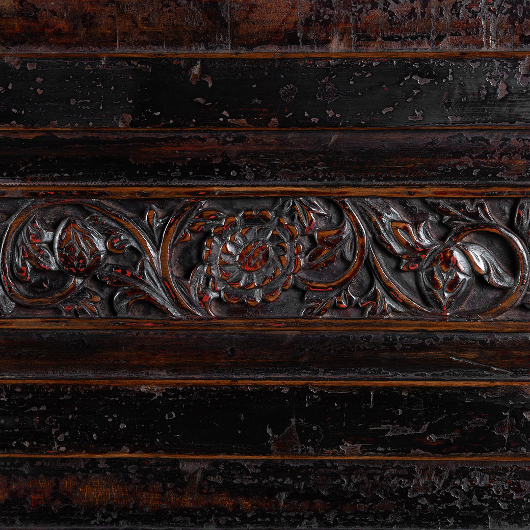 Carving Detail From Antique Carved Chinese Black Lacquer Cabinet | Indigo Antiques