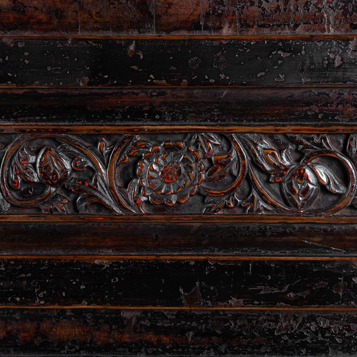 Carving Detail From Antique Carved Chinese Black Lacquer Cabinet | Indigo Antiques