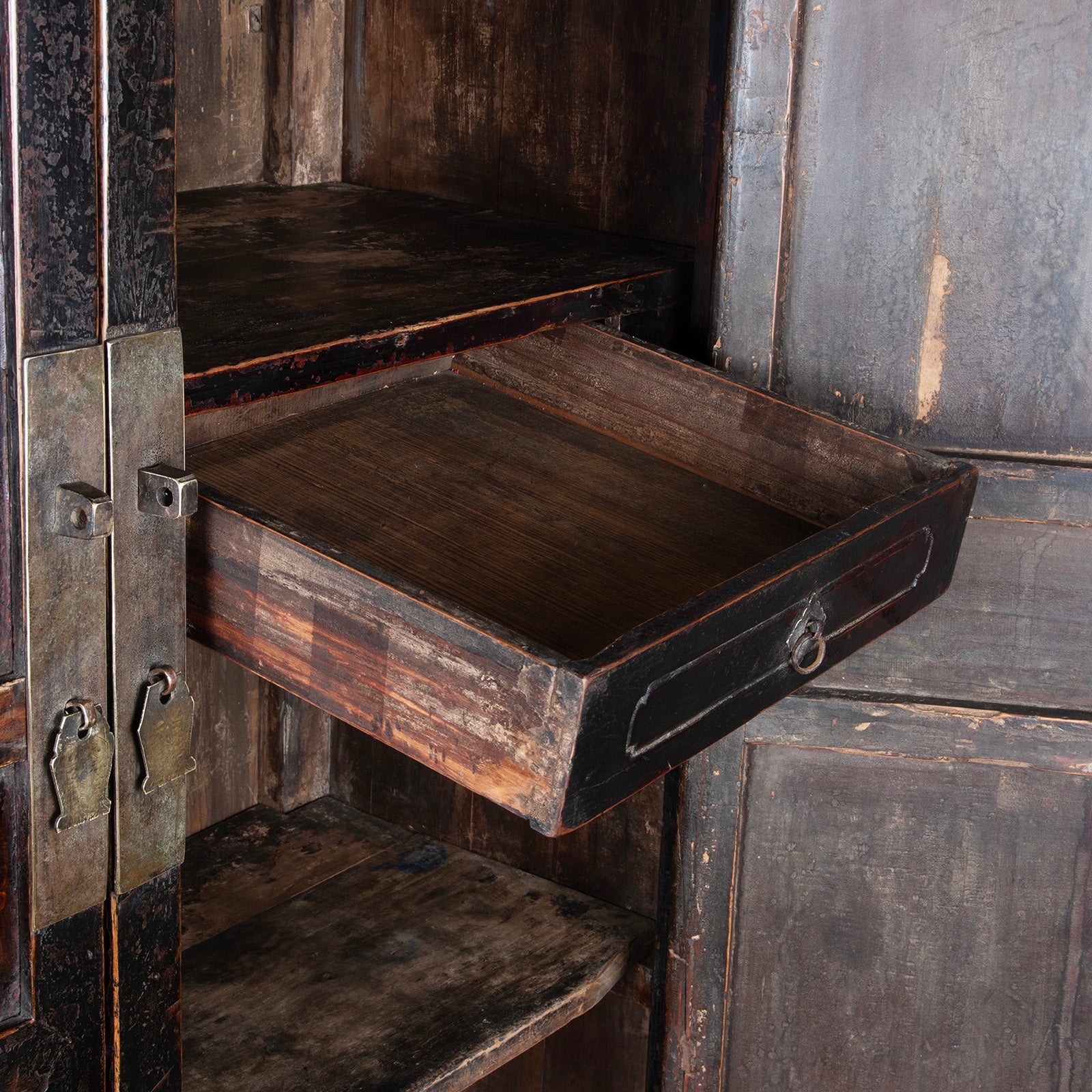 Drawer Detail From Antique Carved Chinese Black Lacquer Cabinet | Indigo Antiques