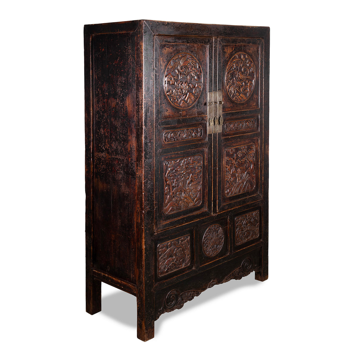 Angled View Of Antique Carved Chinese Black Lacquer Cabinet | Indigo Antiques