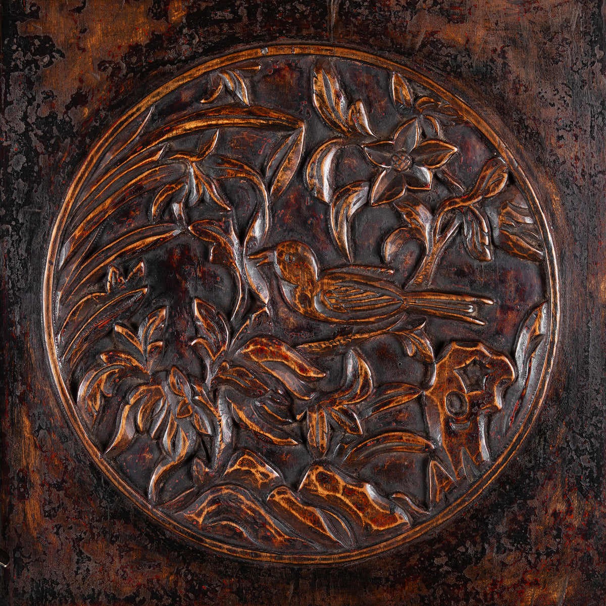 Carving Detail From Antique Carved Chinese Black Lacquer Cabinet | Indigo Antiques