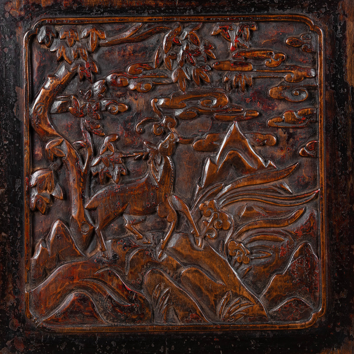 Carving Detail From Antique Carved Chinese Black Lacquer Cabinet | Indigo Antiques