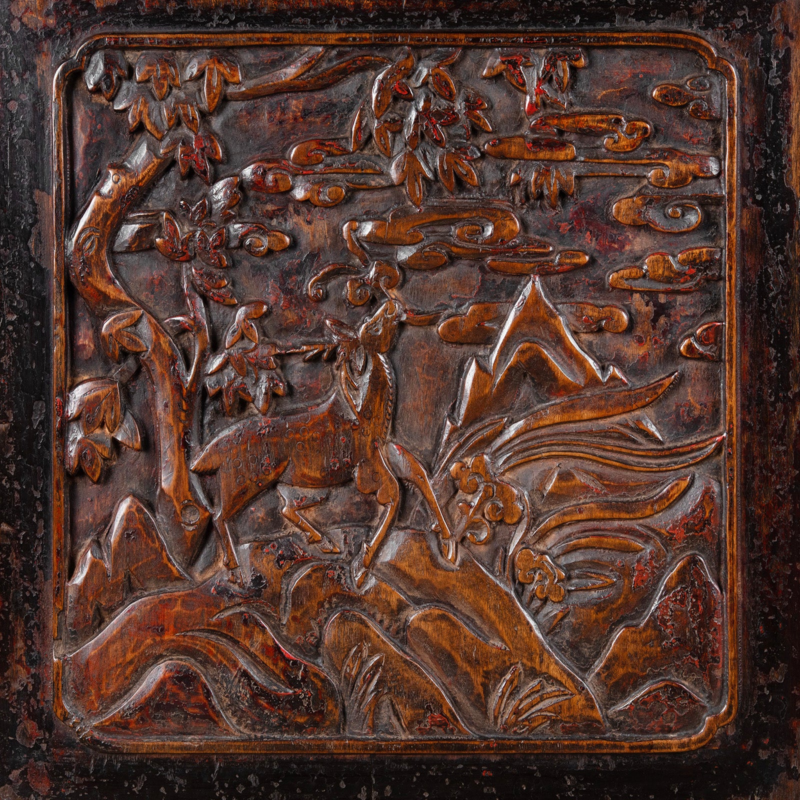 Carving Detail From Antique Carved Chinese Black Lacquer Cabinet | Indigo Antiques