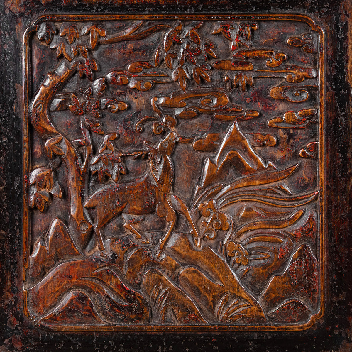 Carving Detail From Antique Carved Chinese Black Lacquer Cabinet | Indigo Antiques