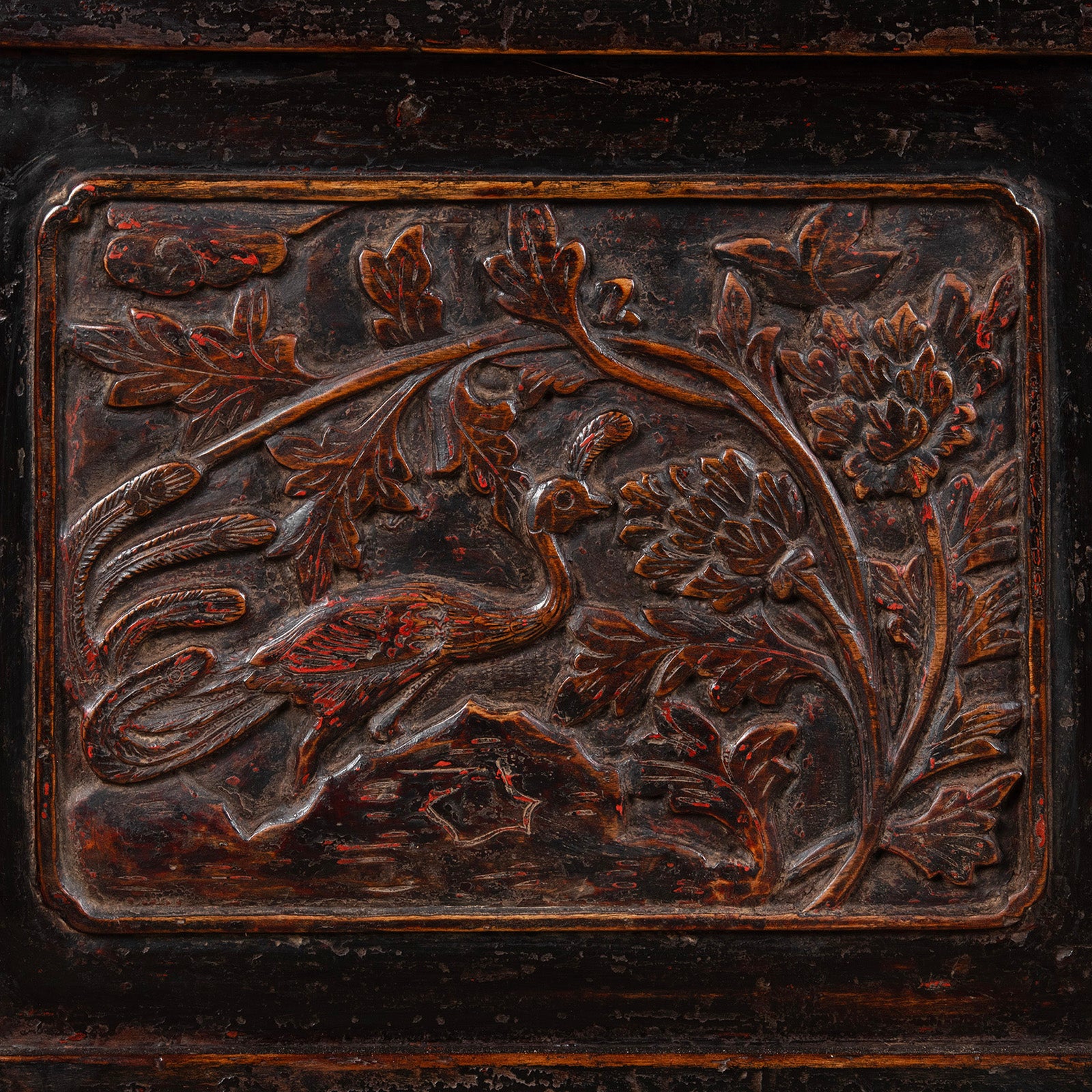 Carving Detail From Antique Carved Chinese Black Lacquer Cabinet | Indigo Antiques