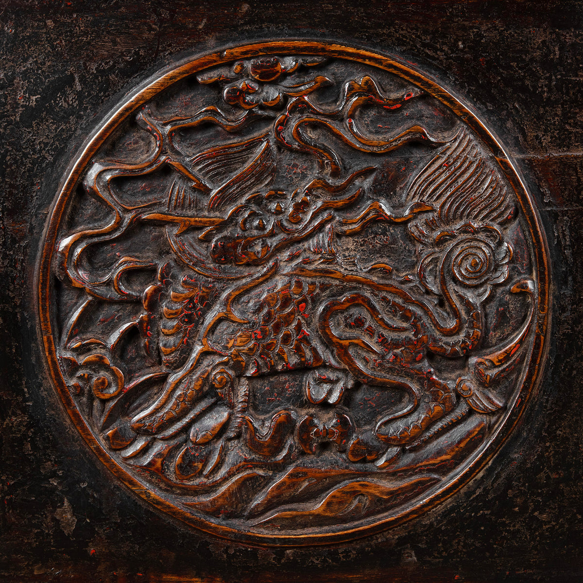 Carving Detail From Antique Carved Chinese Black Lacquer Cabinet | Indigo Antiques