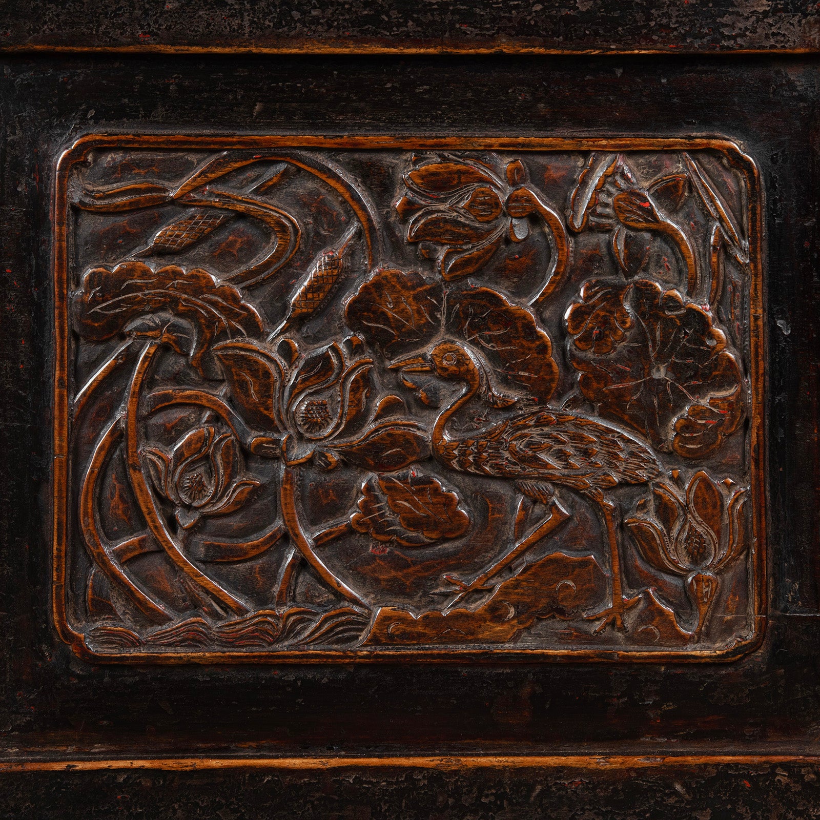 Carving Detail From Antique Carved Chinese Black Lacquer Cabinet | Indigo Antiques