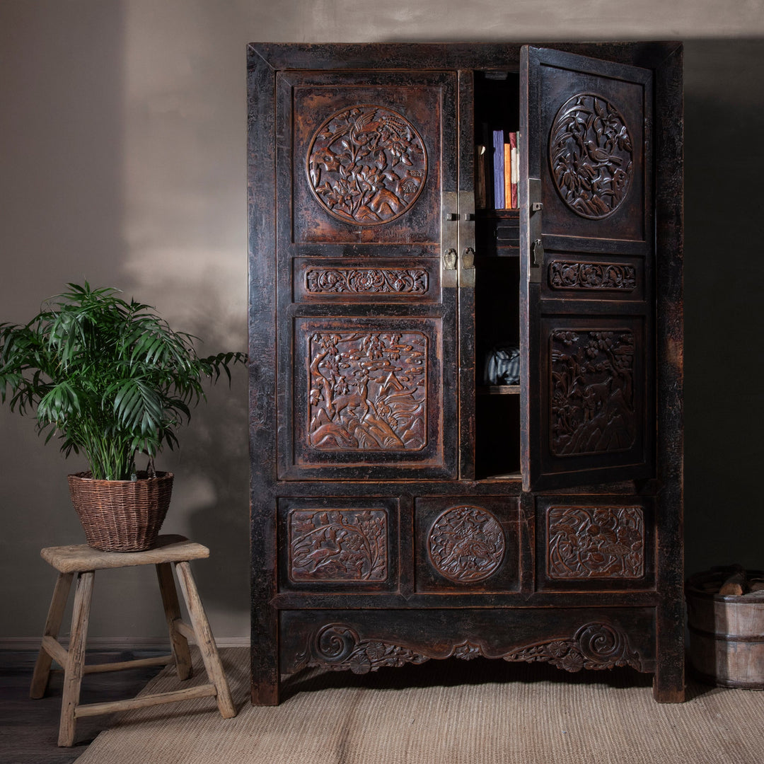 Antique Carved Chinese Black Lacquer Cabinet | Indigo Antiques