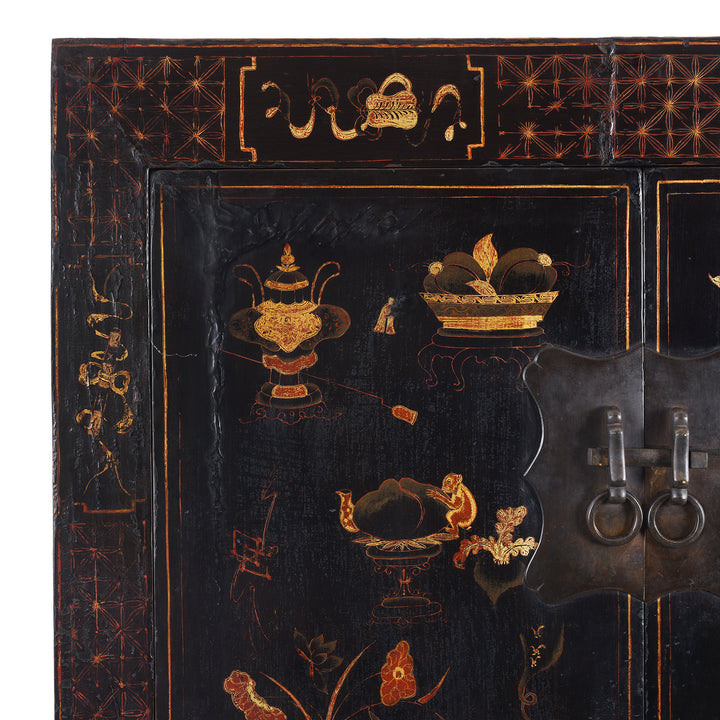 Corner Detail From Antique Chinese Black Lacquer Wedding Cabinet From Shanxi | Indigo Antiques