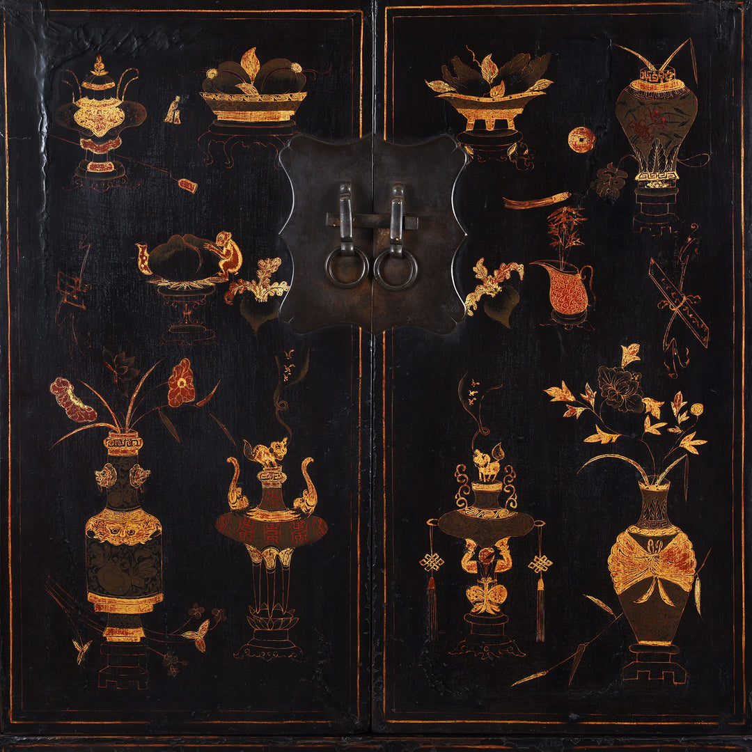 Doors Detail Showing Artwork From Antique Chinese Black Lacquer Wedding Cabinet From Shanxi | Indigo Antiques