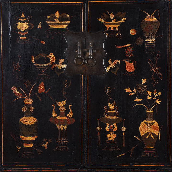 Doors Detail Showing Artwork From Antique Chinese Black Lacquer Wedding Cabinet From Shanxi | Indigo Antiques