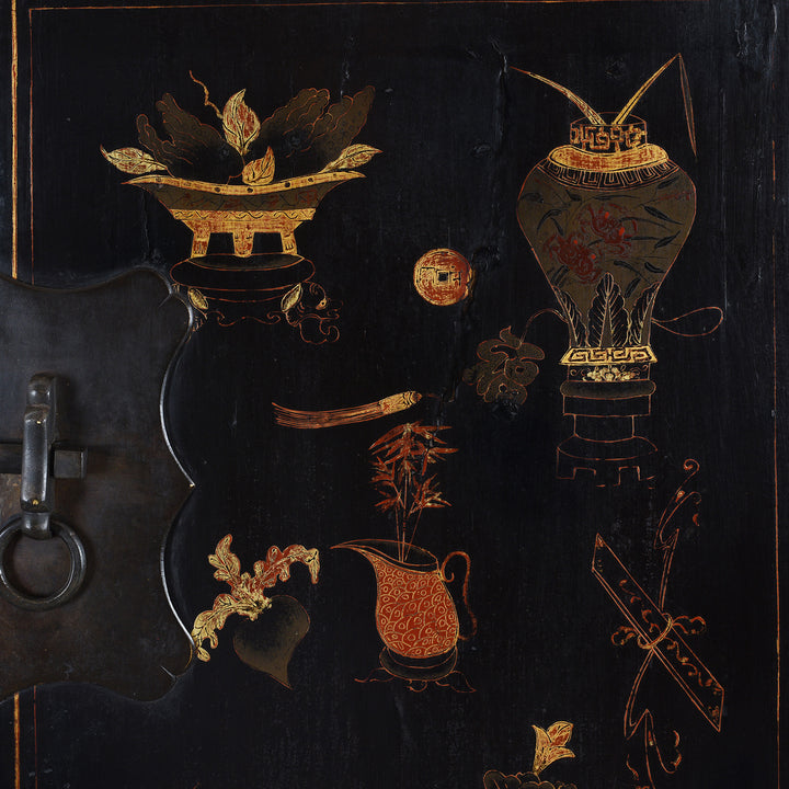 Paitwork Detail From Antique Chinese Black Lacquer Wedding Cabinet From Shanxi | Indigo Antiques