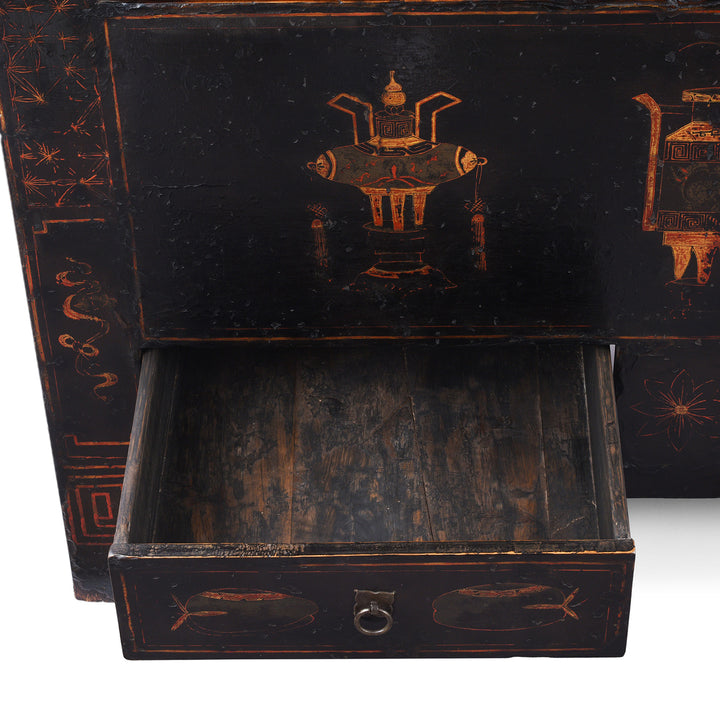 Lower Derawer Detail From Antique Chinese Black Lacquer Wedding Cabinet From Shanxi | Indigo Antiques