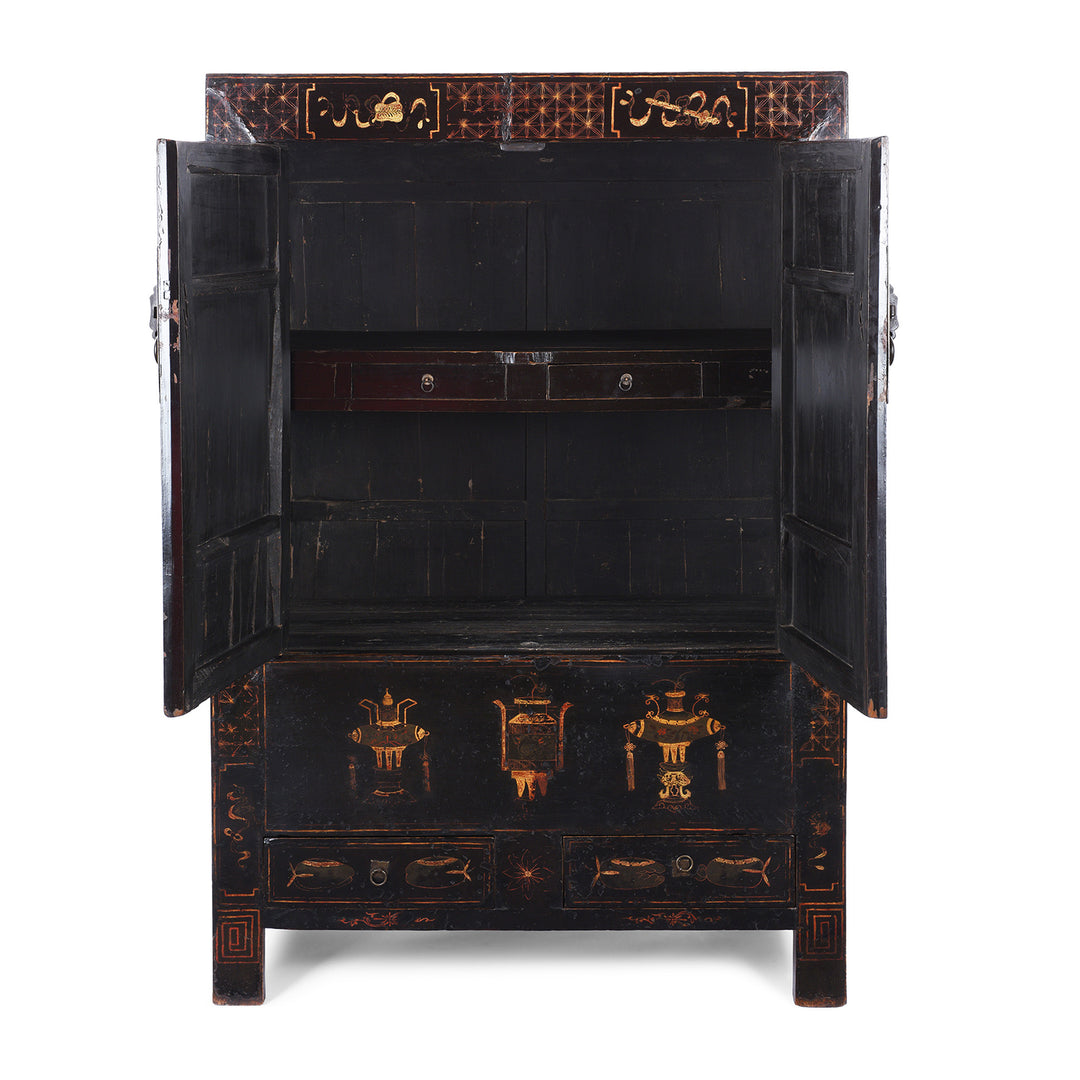 Doors Open View Of Antique Chinese Black Lacquer Wedding Cabinet From Shanxi | Indigo Antiques