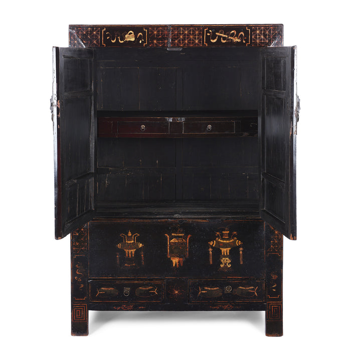 Doors Open View Of Antique Chinese Black Lacquer Wedding Cabinet From Shanxi | Indigo Antiques