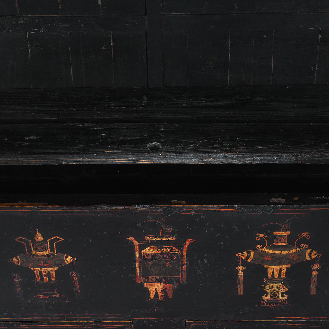 Lower Hatch Detail From Antique Chinese Black Lacquer Wedding Cabinet From Shanxi | Indigo Antiques