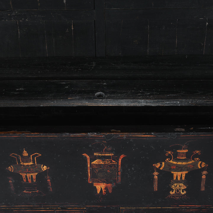 Lower Hatch Detail From Antique Chinese Black Lacquer Wedding Cabinet From Shanxi | Indigo Antiques