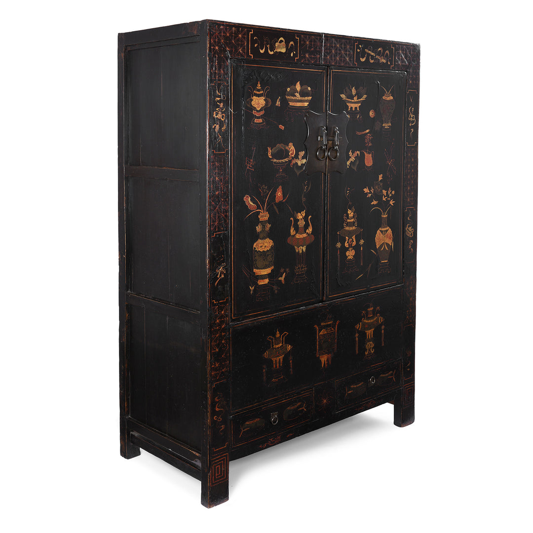 Angled View Of Antique Chinese Black Lacquer Wedding Cabinet From Shanxi | Indigo Antiques