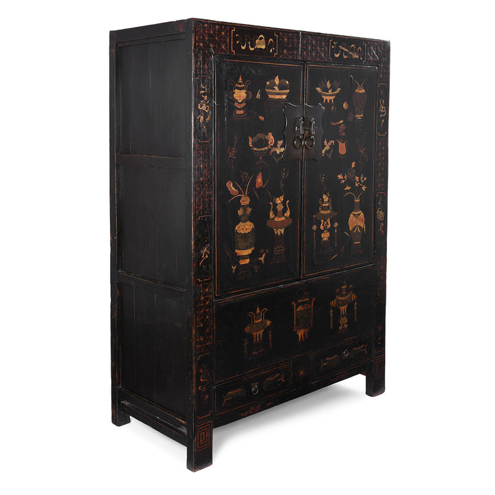 Angled View Of Antique Chinese Black Lacquer Wedding Cabinet From Shanxi | Indigo Antiques