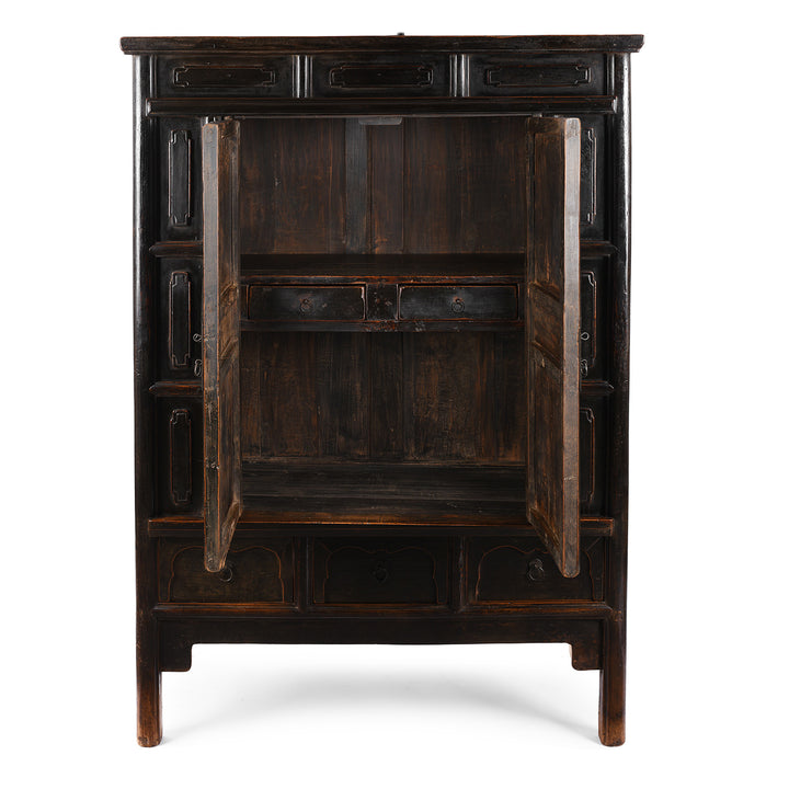 Open Doors View Of Antique Provincial Black Chinese Cabinet From Shanxi | Indigo Antiques