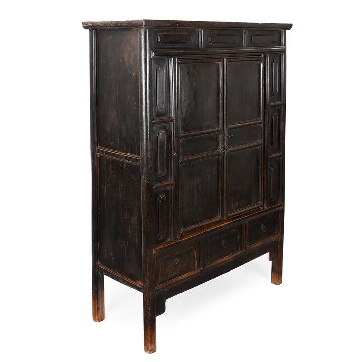 Angled VIew Of Antique Provincial Black Chinese Cabinet From Shanxi | Indigo Antiques