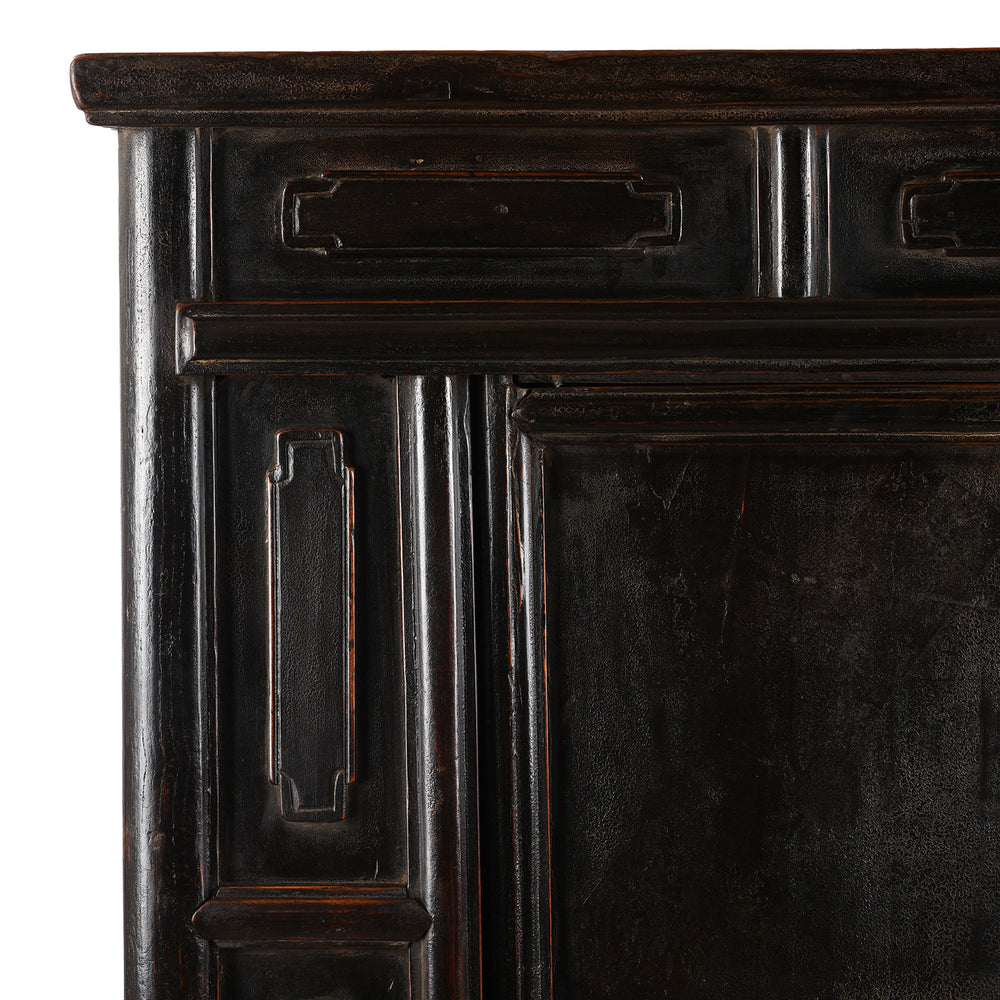 Corner Detail From Antique Provincial Black Chinese Cabinet From Shanxi | Indigo Antiques