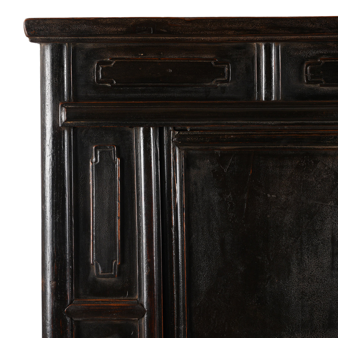 Corner Detail From Antique Provincial Black Chinese Cabinet From Shanxi | Indigo Antiques