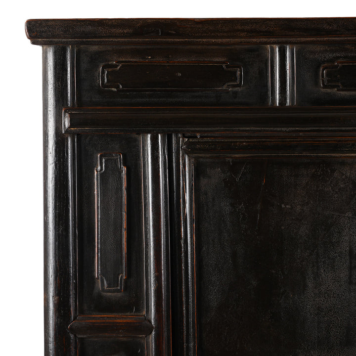 Corner Detail From Antique Provincial Black Chinese Cabinet From Shanxi | Indigo Antiques