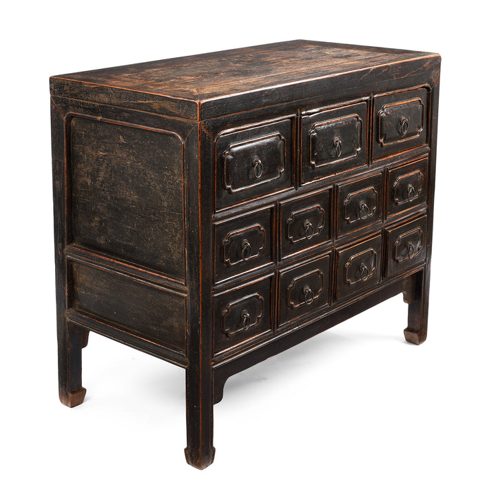 Angled View Of Antique Black Chest Of Drawers From Provincial Shanxi | Indigo Antiques
