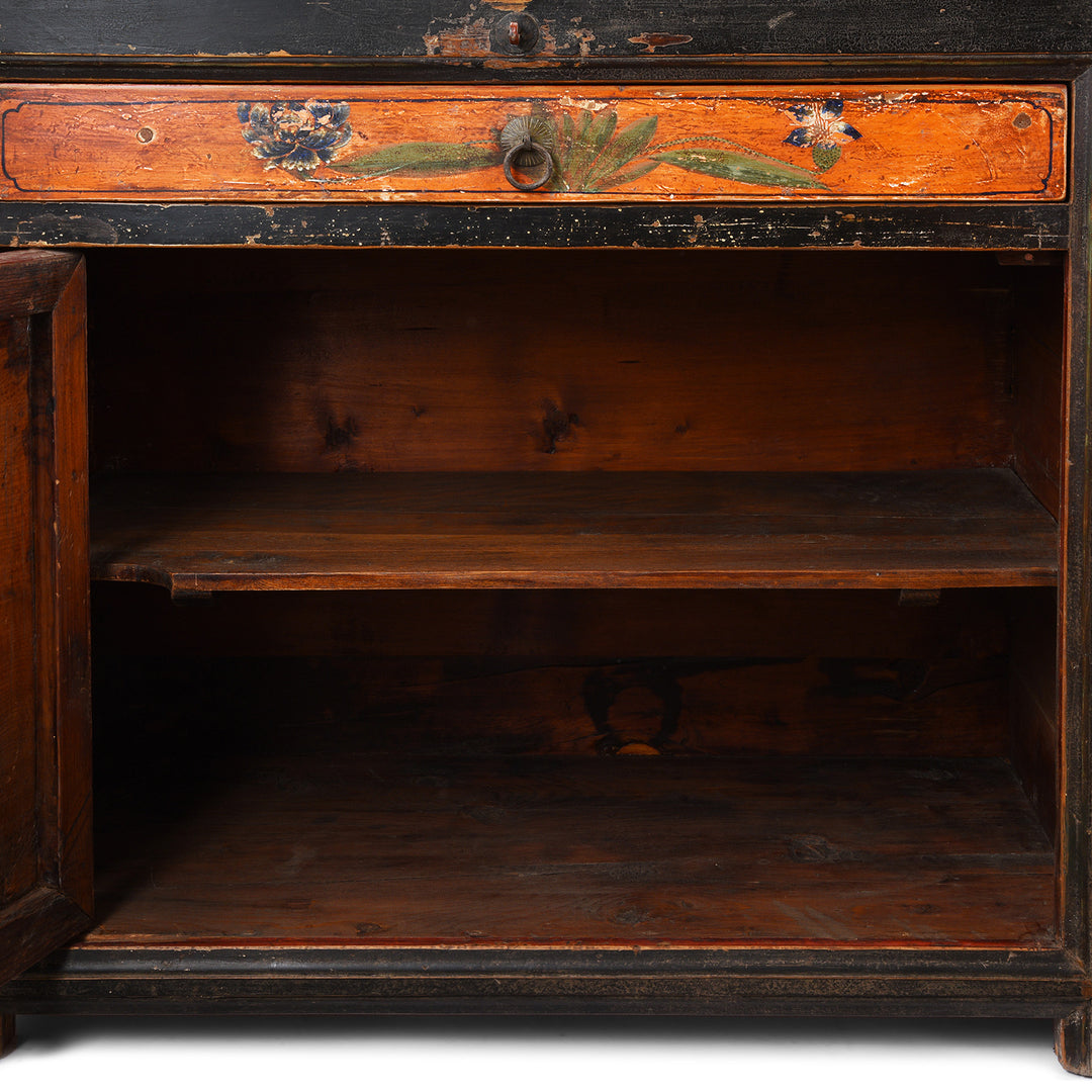 Interior Detail From Antique Painted Red & Black Gansu Sideboard | Indigo Antiques