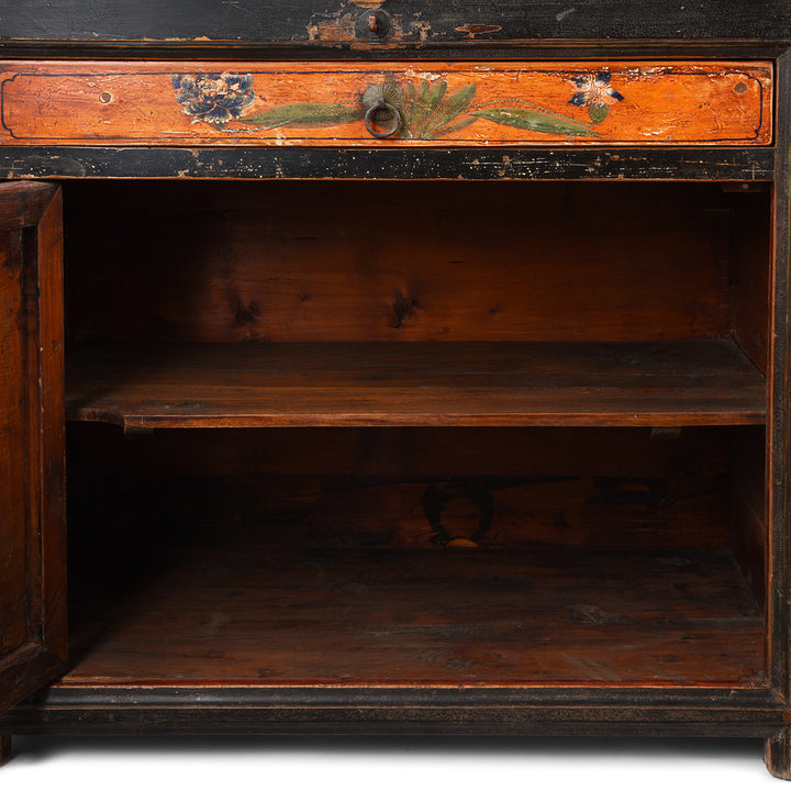 Interior Detail From Antique Painted Red & Black Gansu Sideboard | Indigo Antiques
