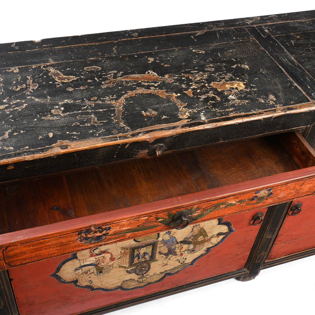 Drawer Detail From Antique Painted Red & Black Gansu Sideboard | Indigo Antiques