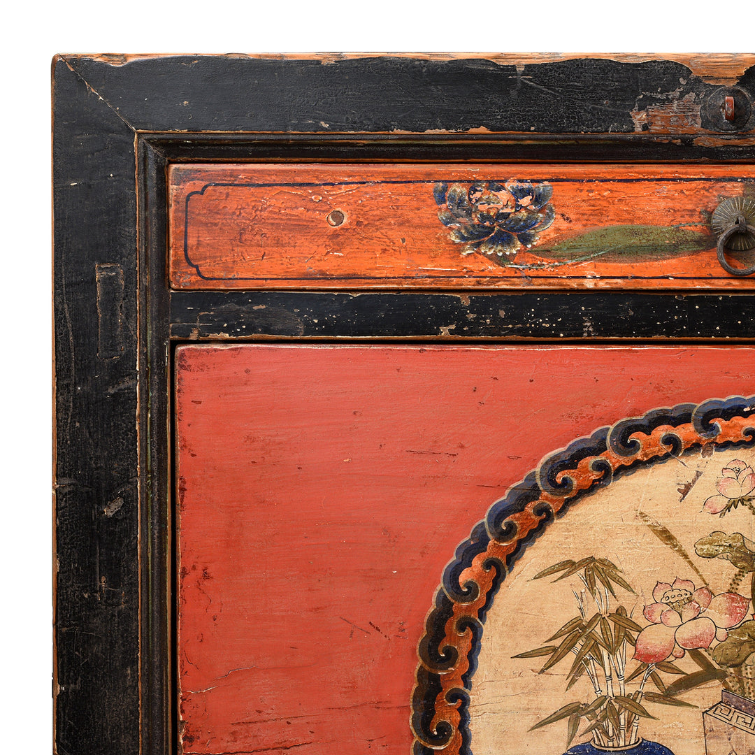 Corner Detail From Antique Painted Red & Black Gansu Sideboard | Indigo Antiques