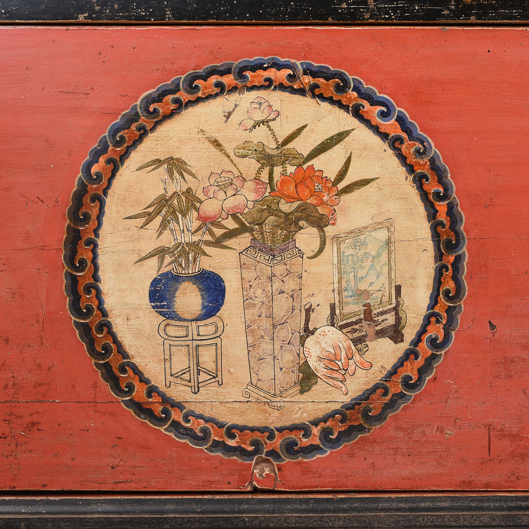 Door Detail From Antique Painted Red & Black Gansu Sideboard | Indigo Antiques