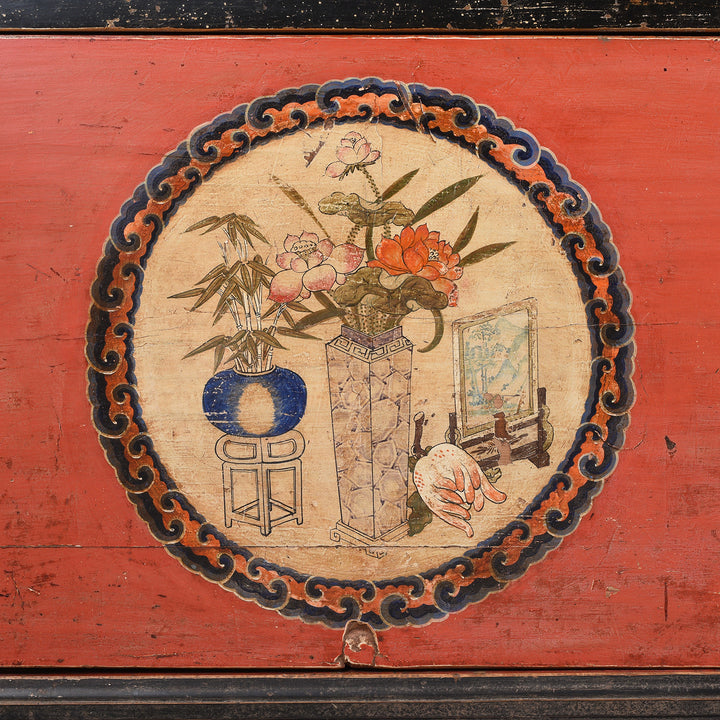 Door Detail From Antique Painted Red & Black Gansu Sideboard | Indigo Antiques