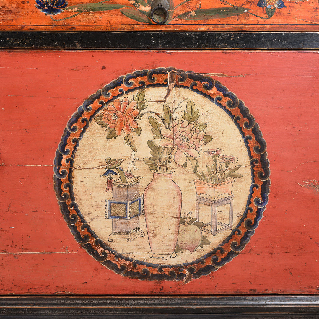 Door Detail From Antique Painted Red & Black Gansu Sideboard | Indigo Antiques