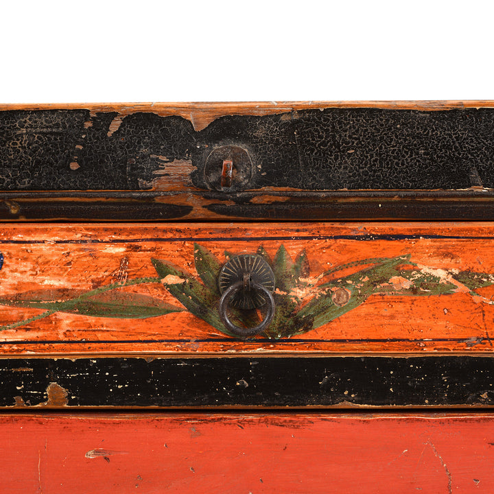 Paintwork Detail From Antique Painted Red & Black Gansu Sideboard | Indigo Antiques