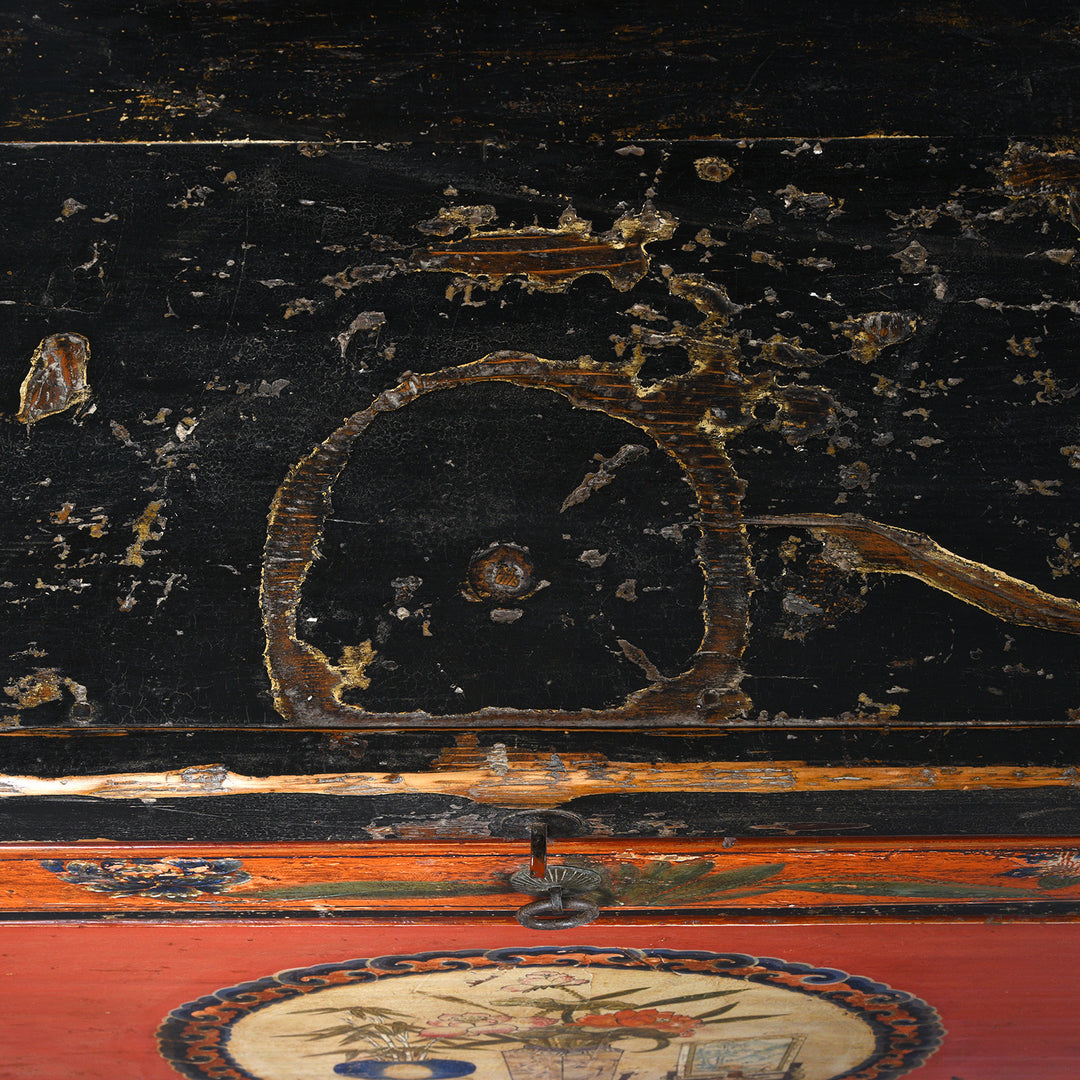 Top Detail From Antique Painted Red & Black Gansu Sideboard | Indigo Antiques