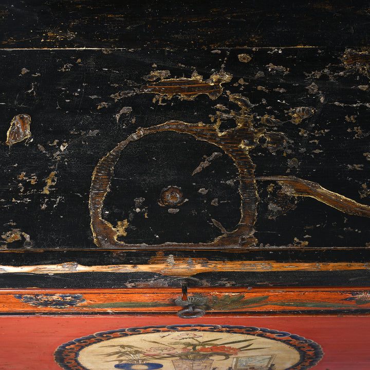Top Detail From Antique Painted Red & Black Gansu Sideboard | Indigo Antiques