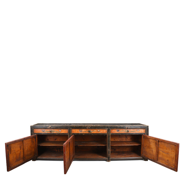Open Doors View Of Antique Painted Red & Black Gansu Sideboard | Indigo Antiques