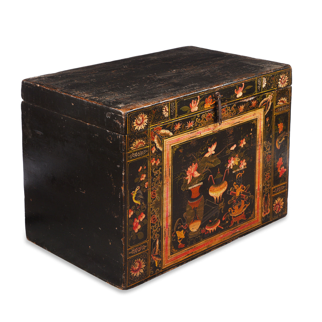 Angled View Of Antique Chinese Painted Opera Chest | Indigo Antiques