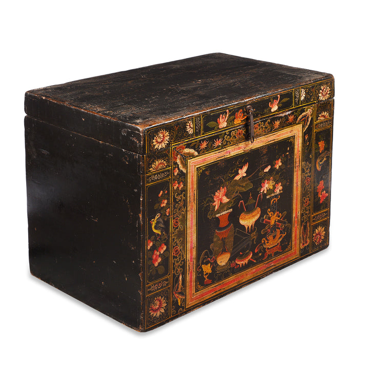 Angled View Of Antique Chinese Painted Opera Chest | Indigo Antiques