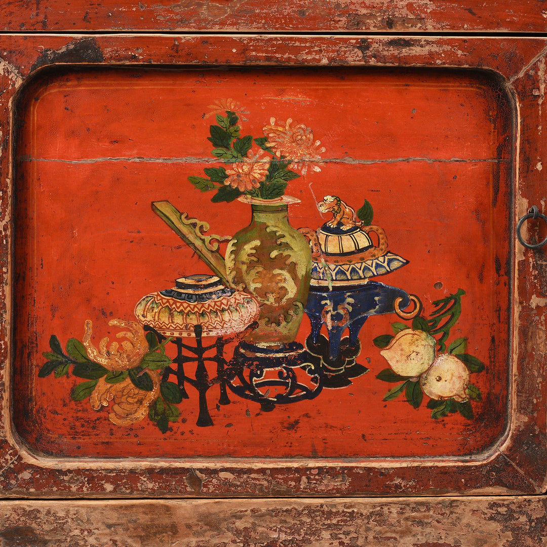 Paintwork Detail From Antique Red Painted Gansu Sideboard | Indigo Antiques