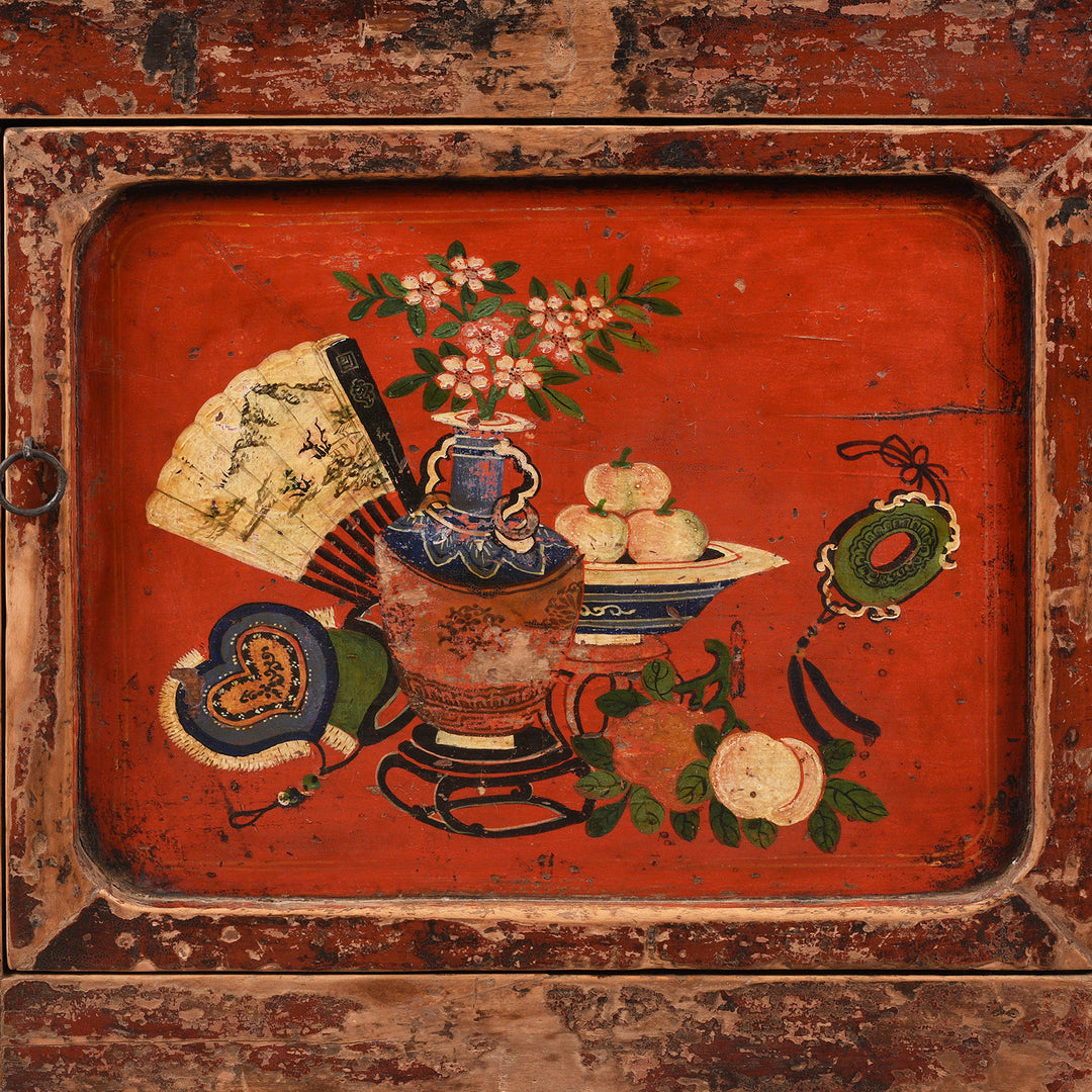 Paintwork Detail From Antique Red Painted Gansu Sideboard | Indigo Antiques