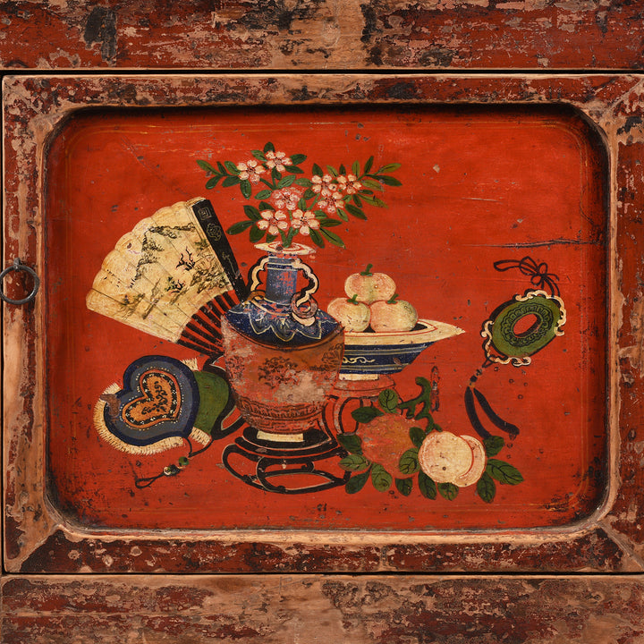 Paintwork Detail From Antique Red Painted Gansu Sideboard | Indigo Antiques