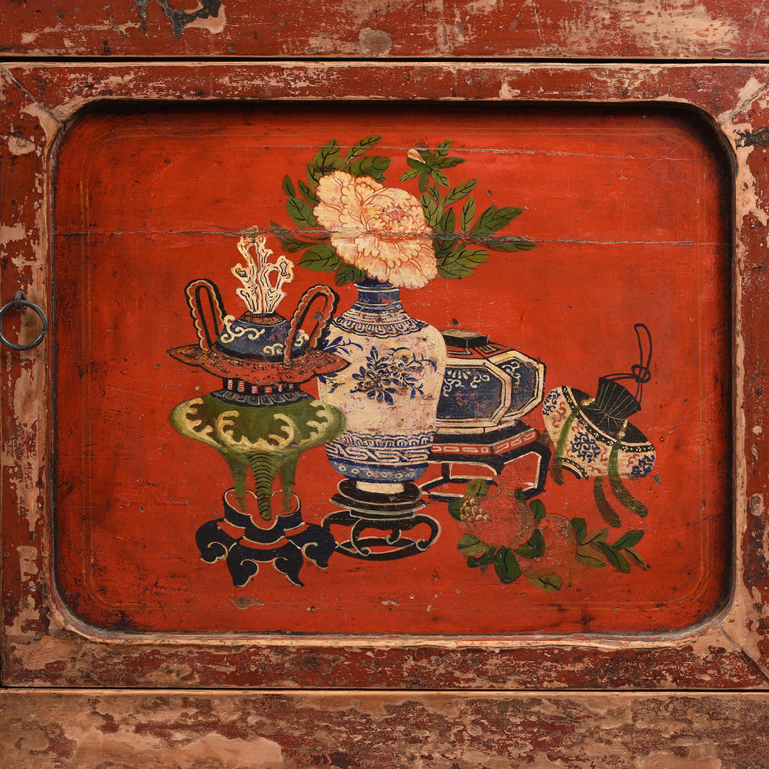 Paintwork Detail From Antique Red Painted Gansu Sideboard | Indigo Antiques