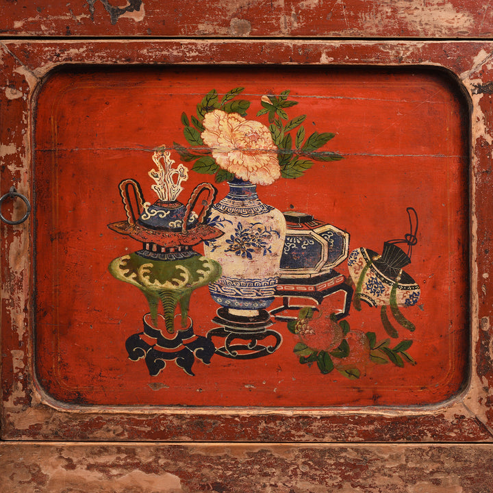 Paintwork Detail From Antique Red Painted Gansu Sideboard | Indigo Antiques