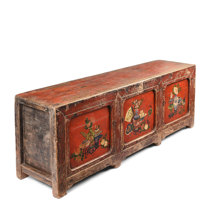 Angled View Of Antique Red Painted Gansu Sideboard | Indigo Antiques